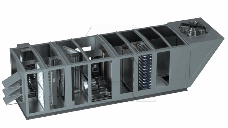 Cutaway view of a large industrial HVAC air handling unit, showing internal compartments with filters, coils, fans, and ductwork components, all housed in a rectangular metal casing.