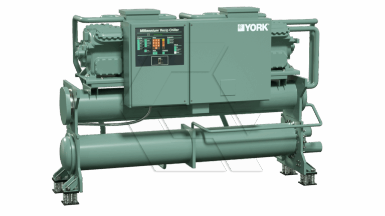 Large industrial YORK Millennium Recip Chiller in green, featuring two cylindrical compressor units, central control panel with display and buttons, and mounted on a sturdy base with visible piping and support springs.