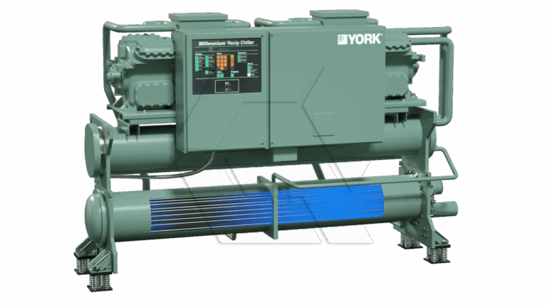 A large industrial YORK Millennium Recip Chiller with control panels, pipes, and a blue heat exchanger section, standing on metal supports against a plain background.