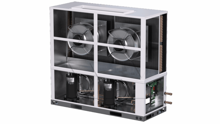 A technical image showing a refrigeration unit with its casing removed, revealing two large fans, electrical components, copper piping, and compressors. The unit is rectangular and metallic, with internal parts clearly visible.