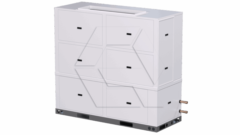 A rectangular, white industrial unit with six panel sections and two copper pipes extending from the lower right side, placed against a plain background.