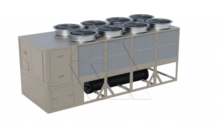 A large industrial air conditioner unit with eight circular fans on top, metal grating on the sides, and a control panel on one end, standing on a sturdy metal frame.