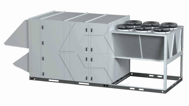 A large, industrial HVAC rooftop unit with multiple vents, panels, and four circular fans mounted on the right side, designed for commercial building climate control.