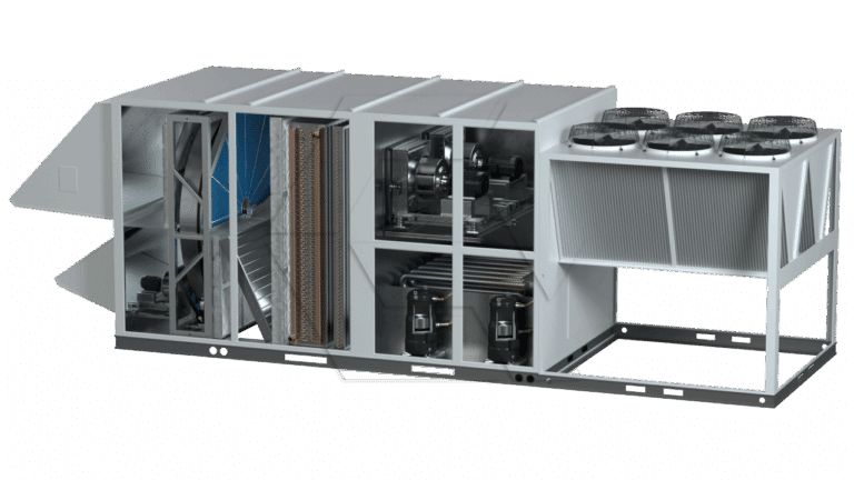 A large commercial HVAC unit cut open to show internal components including fans, filters, coils, compressors, and circuitry, with four large fans visible on the top right section.