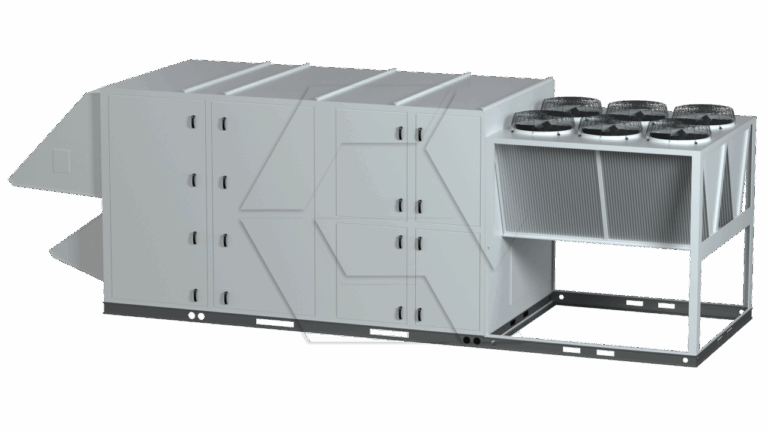 A large industrial HVAC unit with multiple compartments and four circular fans on top, mounted on a metal frame. The unit has a rectangular, metallic appearance and is designed for commercial or industrial use.