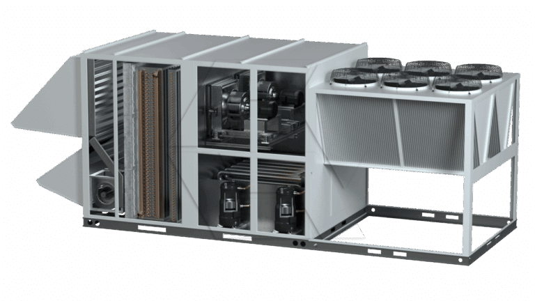 A large commercial HVAC unit with visible internal components, including fans, coils, compressors, and ducts, shown in a cutaway view to display its detailed mechanical parts.