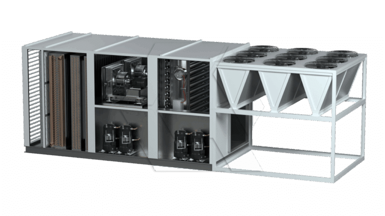 A large industrial HVAC chiller unit with exposed internal components, including compressors, heat exchangers, pipes, and multiple fans on top, all housed in a metal frame structure.