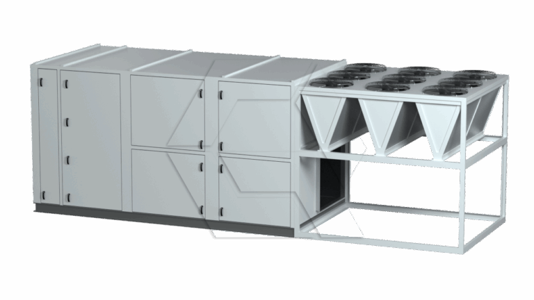 A large industrial HVAC unit with a rectangular metal body and multiple round fans mounted on a separate frame to the right, used for heating, ventilation, and air conditioning in commercial or industrial buildings.