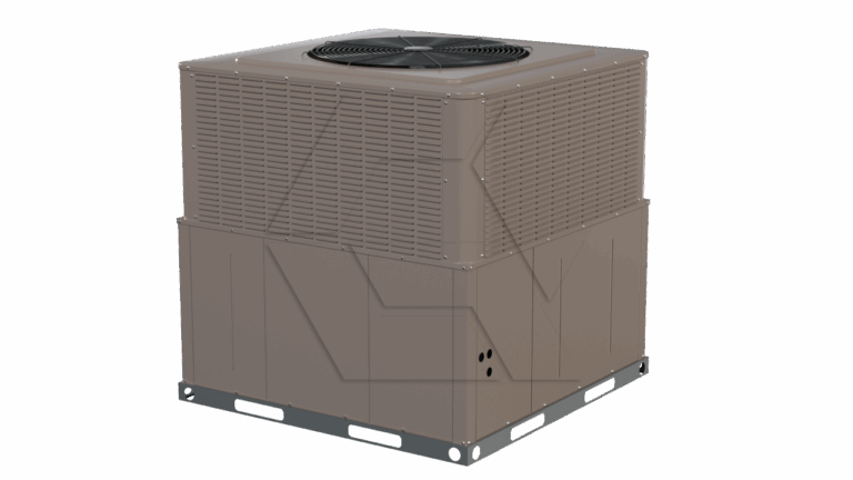 A large, square, brown outdoor air conditioning unit with a black fan on top and vented sides, set on a metal base against a plain white background.