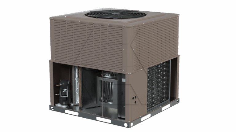 A large brown outdoor air conditioning unit with its lower front panel removed, revealing internal components like coils, a fan, and wiring, on a white background.