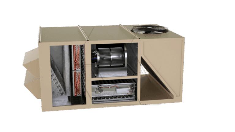 A cutaway view of a beige HVAC rooftop unit showing internal components, including coils, a large blower fan, heating elements, and duct connections, all housed in a rectangular metal casing.