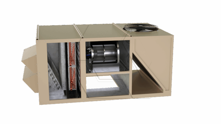Large beige HVAC unit with an exposed interior, showing coils, blower fan, and internal ductwork. The unit has a top-mounted fan and visible metal components, displayed on a white background.