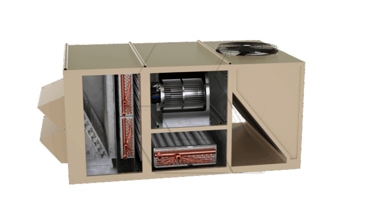 A cutaway view of a large HVAC unit showing internal components, including coils, a fan, and ductwork, against a plain white background.
