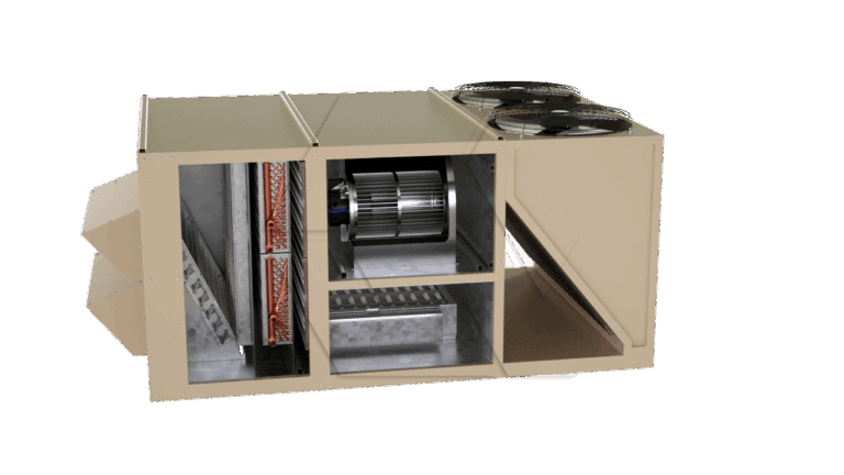 A cutaway view of an industrial HVAC unit shows internal components, including coils, a large fan, metal ducts, and cooling fans on top, all housed in a beige rectangular casing.