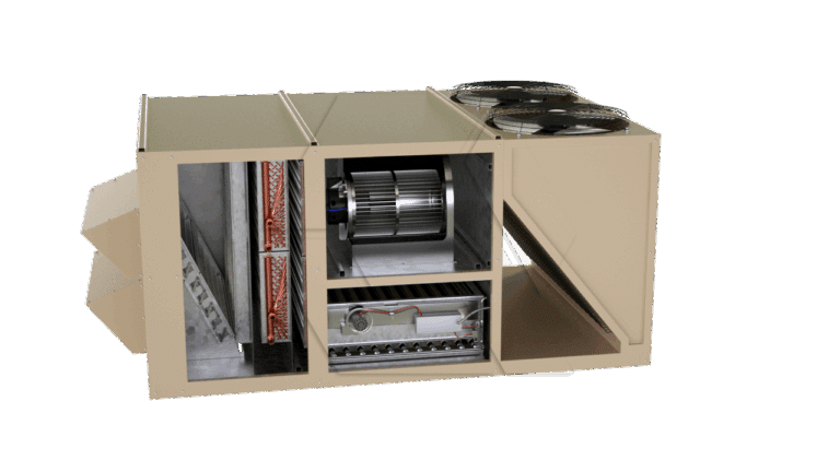 A cutaway view of a large beige HVAC rooftop unit, showing internal components like coils, a blower fan, a gas burner, and duct connections against a plain white background.