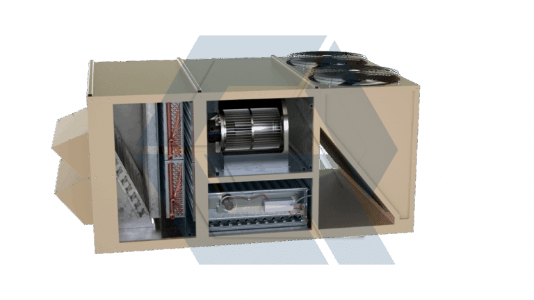 A cutaway view of a large industrial HVAC unit shows internal components including fans, coils, and ductwork, illustrating the airflow and mechanical structure of the system.