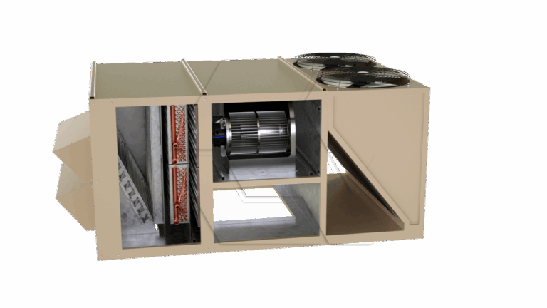 Cutaway view of a large industrial HVAC unit showing internal components, including coils, a blower fan, airflow ducts, and two circular fans on top. The unit has a beige metal exterior.