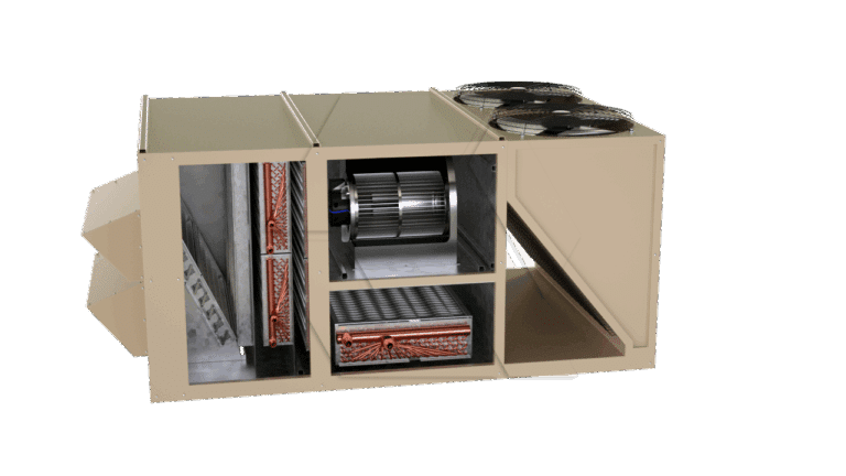Cutaway view of a large industrial HVAC unit showing internal components, including coils, filters, a large fan, and ducting, housed in a beige metal casing.