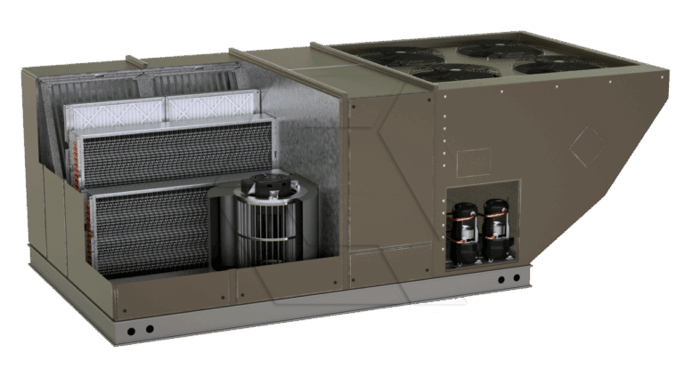 A large commercial HVAC unit with visible internal components, including filters, coils, a blower fan, compressors, and condenser fans, shown on a light background.