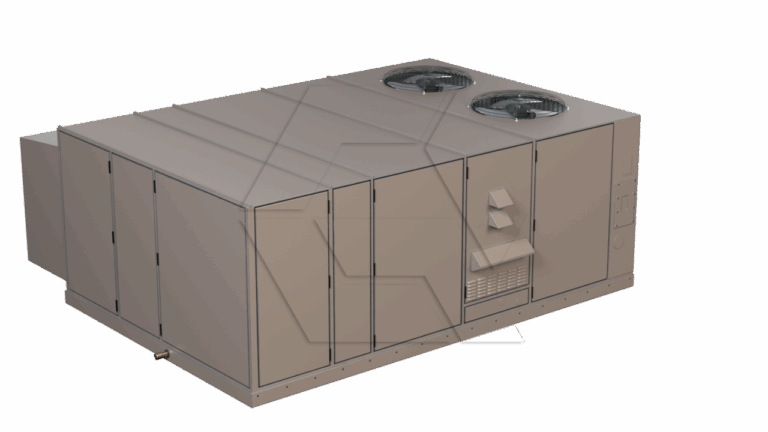 A large, rectangular rooftop HVAC unit with metal panels, two circular fans on top, and multiple access doors and vents on the side, isolated on a white background.