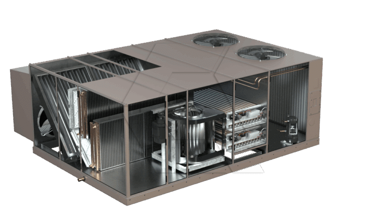 A cutaway view of a large industrial HVAC unit shows internal components such as coils, fans, filters, vents, and piping, with two circular fan vents visible on the top of the unit.