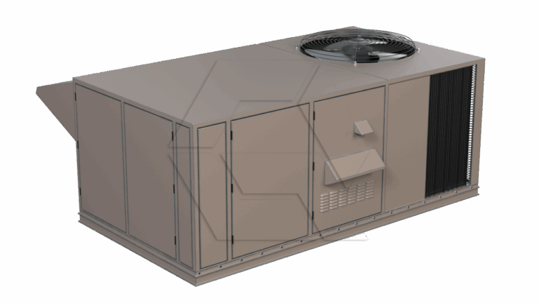 A large, rectangular rooftop HVAC unit with metal panels, a fan on top, an air intake vent, and a louvered exhaust on one side. The unit is designed for commercial or industrial air conditioning.