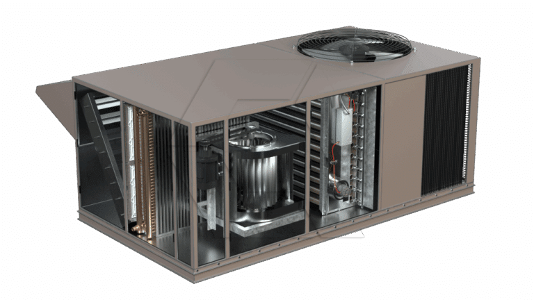 A cutaway view of a rooftop HVAC unit showing internal components, including coils, fan, heating elements, and ductwork, with some panels removed to reveal the inner workings.