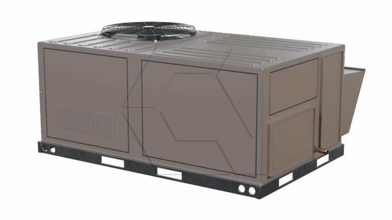 A large, rectangular rooftop HVAC unit with a top-mounted fan and metal casing, shown on a black base against a plain white background.