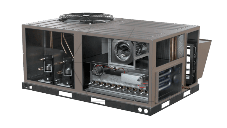 A cutaway view of a large, rectangular HVAC rooftop unit showing internal components like compressors, coils, fan, and wiring, isolated on a white background.