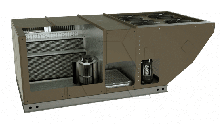 A cutaway view of a large HVAC rooftop unit reveals internal components, including coils, a blower fan, filters, and a compressor, with the exterior casing partially removed for visibility.