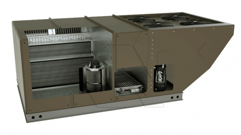 A brown rooftop HVAC unit with a cutaway section showing internal components, including coils, a fan, filters, and compressor parts, on a white background.