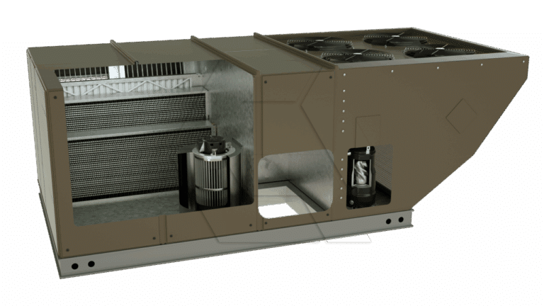 A cutaway view of a large industrial HVAC rooftop unit, showing internal components including a fan, coils, and motor, with the housing partially removed to reveal the inner structure.