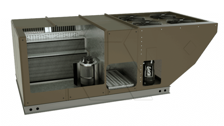A cutaway view of a large industrial HVAC unit shows internal components, including coils, a fan, filters, and mechanical parts, revealing the inner structure and airflow path of the system.