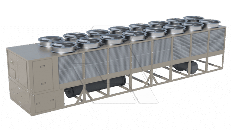 A large industrial HVAC chiller unit with multiple circular fans on top and metal grilles along the sides, designed for cooling large buildings or facilities.