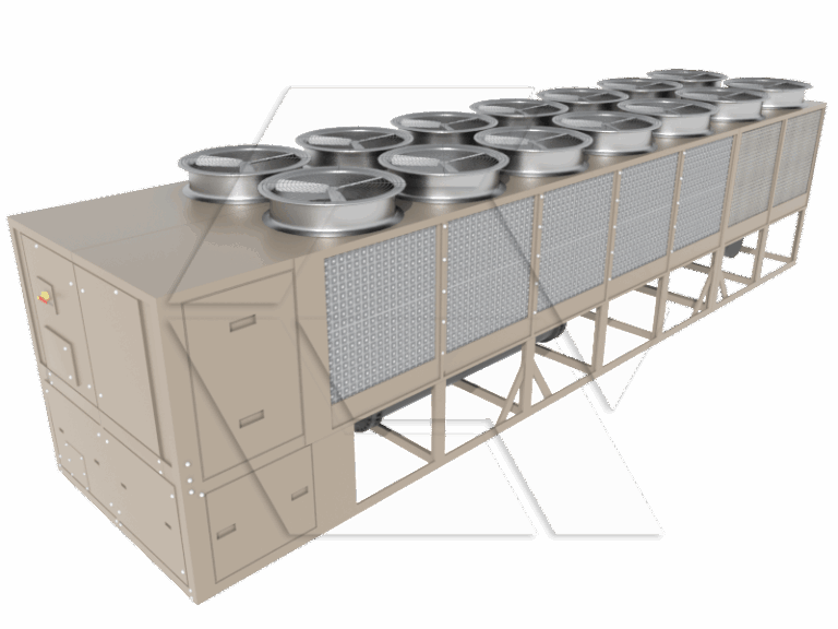 A large industrial HVAC unit with multiple circular fans on top and metal mesh panels along the side, standing on a metal frame against a plain white background.