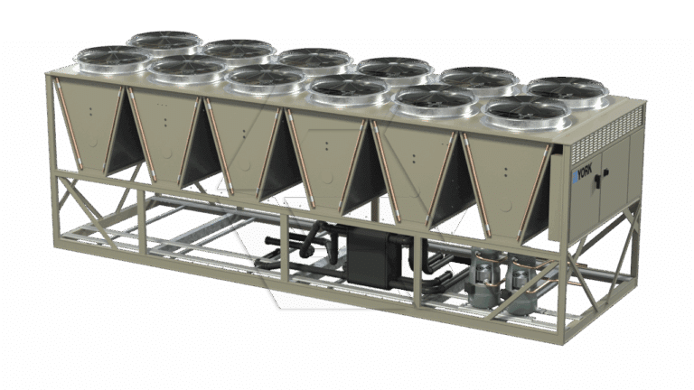 A large industrial HVAC chiller unit with multiple fans on top and pipes underneath, housed in a metal frame, used for cooling large commercial or industrial buildings.