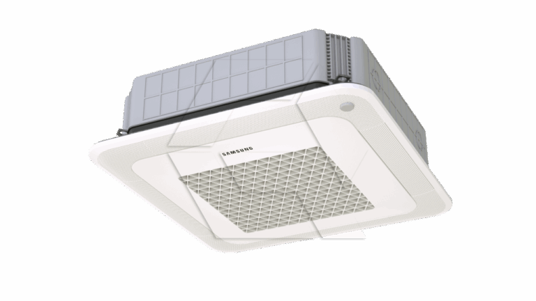 Ceiling-mounted Samsung air conditioning cassette unit with a square vent design, visible grille, and a sleek white and gray exterior set against a plain light gray background.