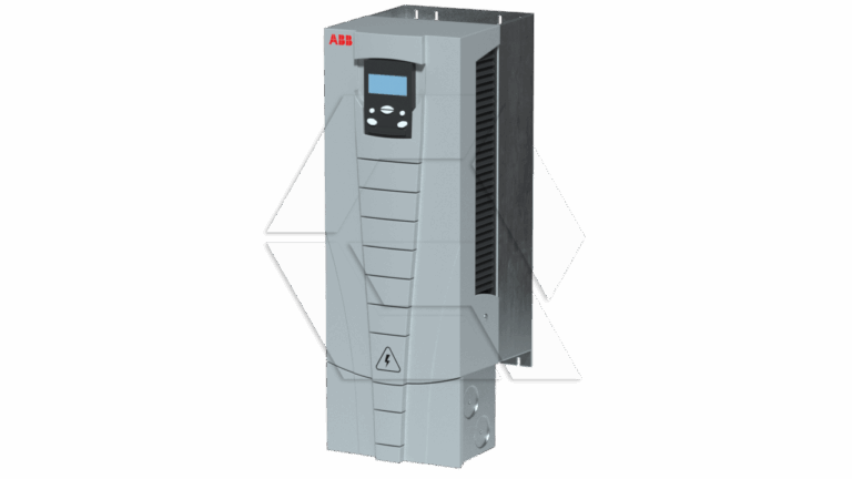 A gray ABB variable frequency drive (VFD) with a black control panel, small display screen, and several control buttons on the front, mounted on a light background.
