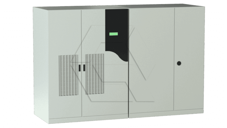 A white cabinet with a green light.