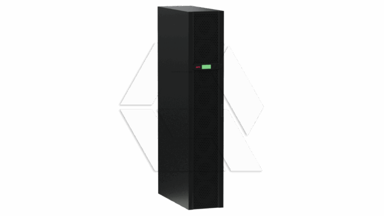 A tall, black, rectangular server or UPS unit with a vented front panel and a small display with green and red indicators, standing upright against a light background.