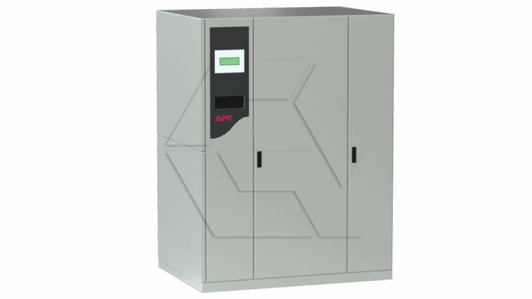 A large gray APC equipment cabinet with two vertical doors, a digital display screen, and control panel on the left side, set against a plain white background.