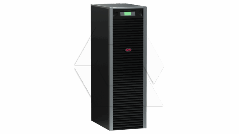 A tall, black server cabinet or uninterruptible power supply (UPS) unit with a vented front panel, a small display screen near the top, and an APC logo in the center, standing upright on a light background.