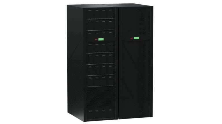 A pair of tall, black server racks or data storage cabinets with indicator lights and ventilation holes, standing side by side against a plain white background.