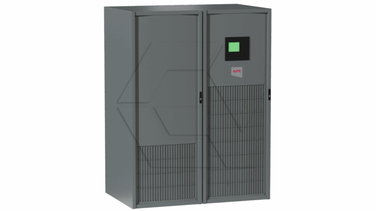 A large, gray rectangular APC uninterruptible power supply (UPS) unit with vented panels, two doors, and a small green display screen on the front.