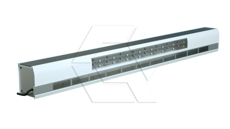 A white air curtain device with a metallic grille and vents, designed for installation above doorways to control airflow and temperature between indoor and outdoor areas.