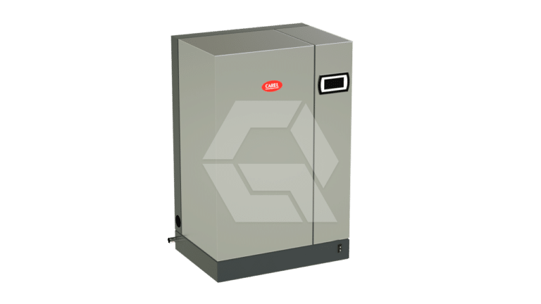 A gray industrial humidifier with a rectangular shape, a small display screen, and the Carel logo on the front, standing on a plain white background.