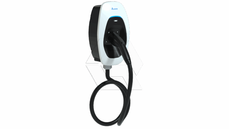 A white and black electric vehicle charging station is mounted on a wall, with a charging cable looped below and the connector plugged into the unit.