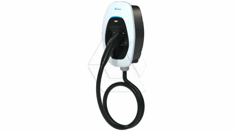 A wall-mounted electric vehicle charging station with a black charging cable plugged in, featuring a white and black design and a digital display at the top.