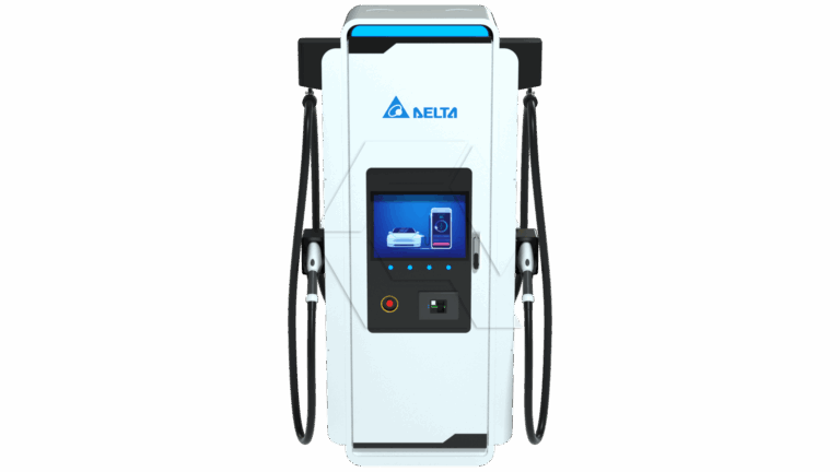A modern Delta electric vehicle charging station with a digital display, two charging cables on either side, and control buttons below the screen, photographed against a plain white background.