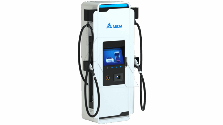 A white Delta electric vehicle charging station with two charging cables and a digital display showing a car and a charging symbol on the screen.